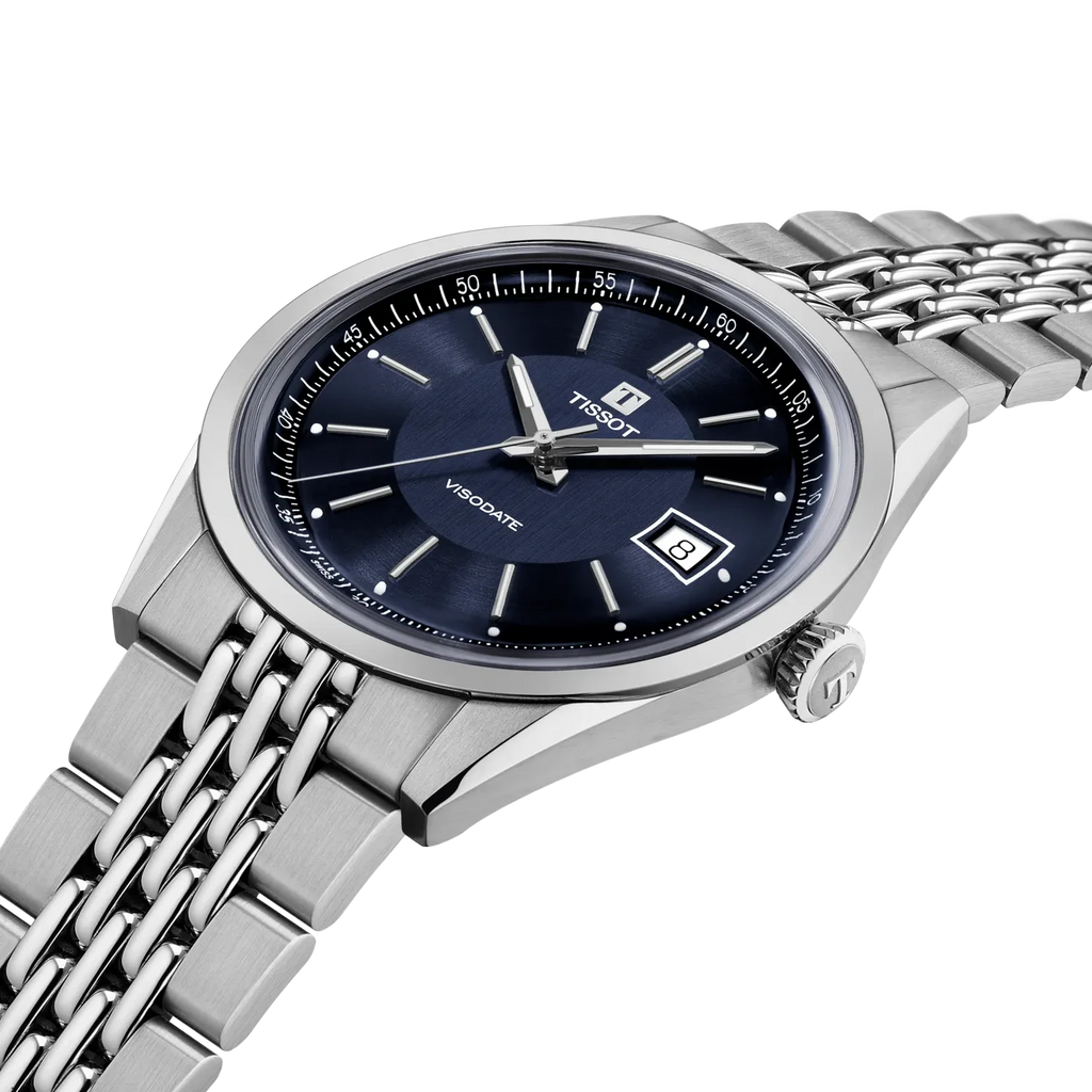 Tissot Visodate Herrenuhr mit silbernem Zifferblatt, goldenen Indizes und braunem Lederarmband in Krokodiloptik
