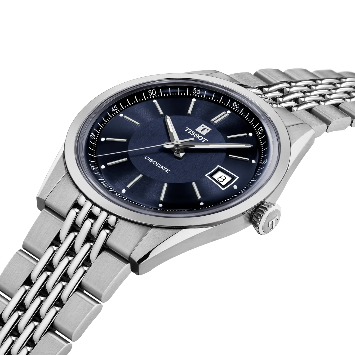 Tissot Visodate Herrenuhr mit silbernem Zifferblatt, goldenen Indizes und braunem Lederarmband in Krokodiloptik
