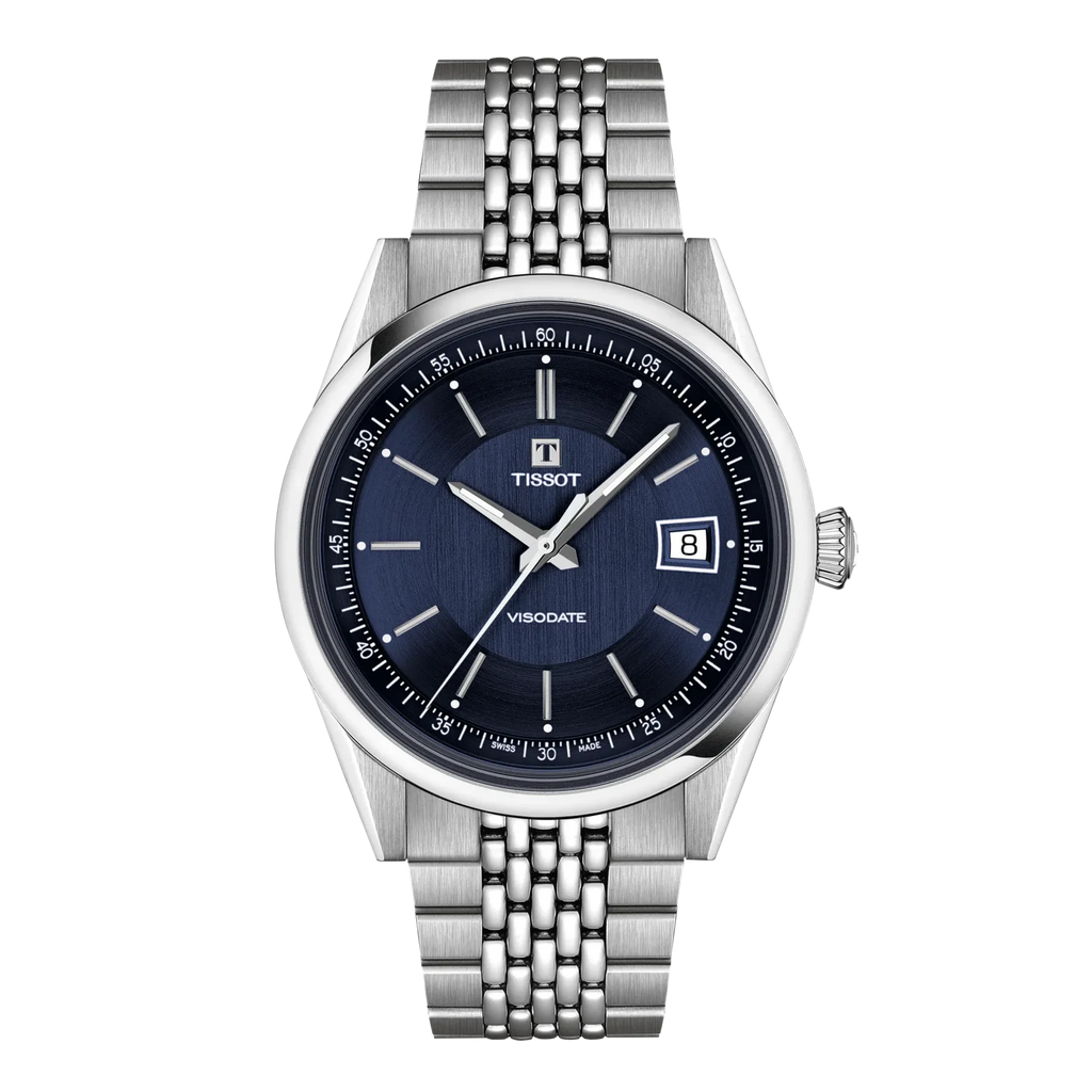 Tissot Visodate Automatik-Uhr mit tiefblauem, strukturiertem Zifferblatt und silbernem Reiskorn-Edelstahlarmband"