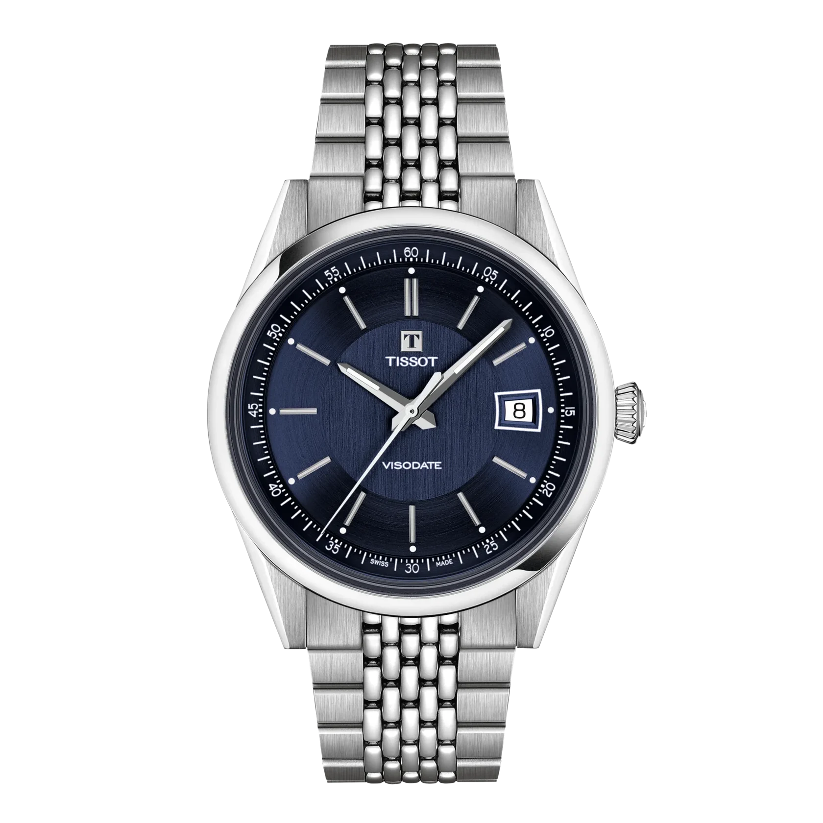 Tissot Visodate Automatik-Uhr mit tiefblauem, strukturiertem Zifferblatt und silbernem Reiskorn-Edelstahlarmband"