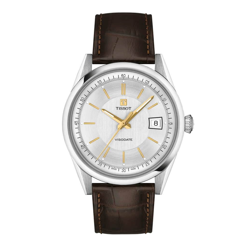 Tissot Heritage Visodate Herrenuhr mit silbernem Zifferblatt, goldenen Indizes und braunem Lederarmband in Alligatoroptik