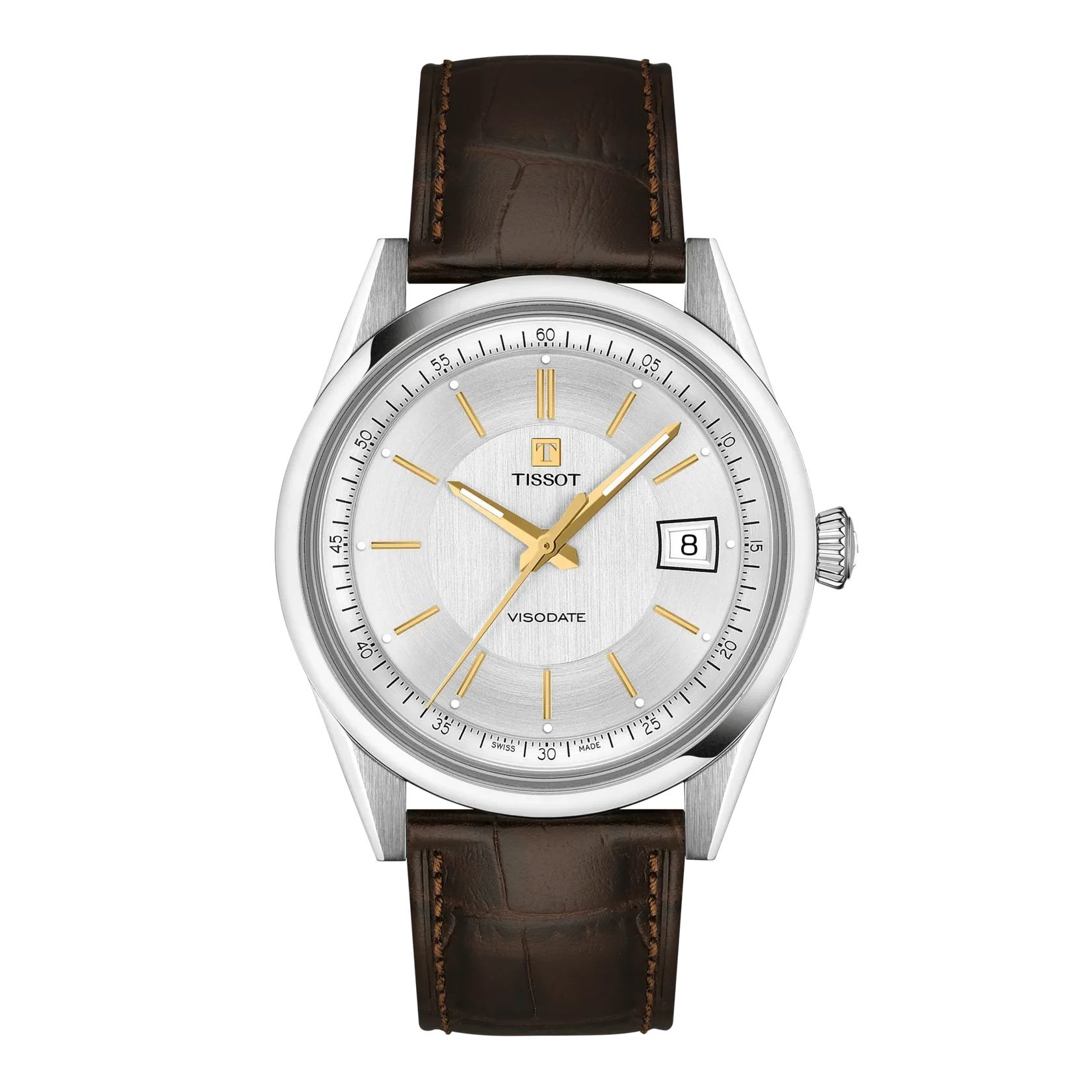 Tissot Heritage Visodate Herrenuhr mit silbernem Zifferblatt, goldenen Indizes und braunem Lederarmband in Alligatoroptik