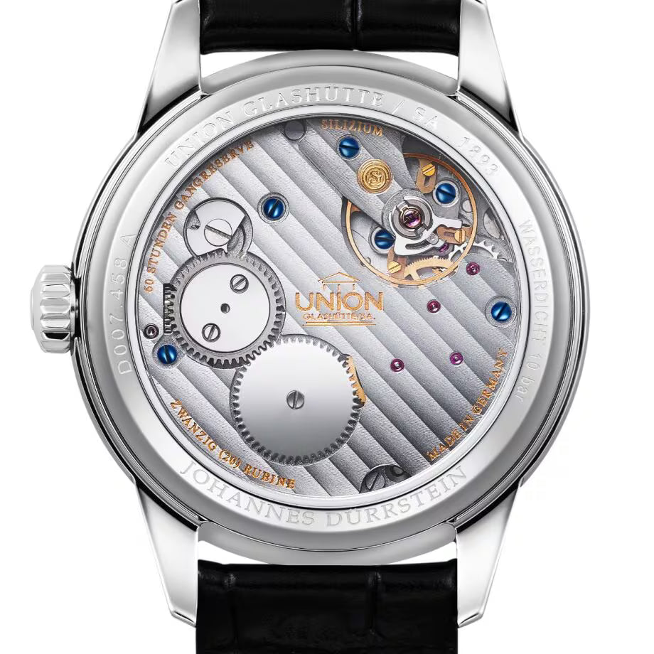 Mechanisches Kaliber durch den Saphirglasboden der Union Glashütte 1893 Johannes Dürrstein Edition