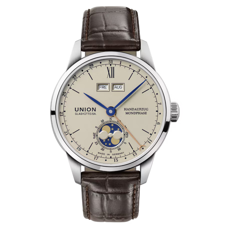 Union Glashütte 1893 Johannes Dürrstein Edition Doppelmondphase Herrenuhr Vorderansicht
